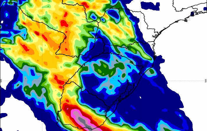 Imagem com previsão de acumulado de chuva para dia 31 . A intensidade aumenta do azul, para verde, amarelo, vermelho e roxo