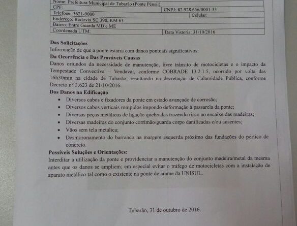 Auto de constatação da interdição da ponte em 31 de outubro de 2016